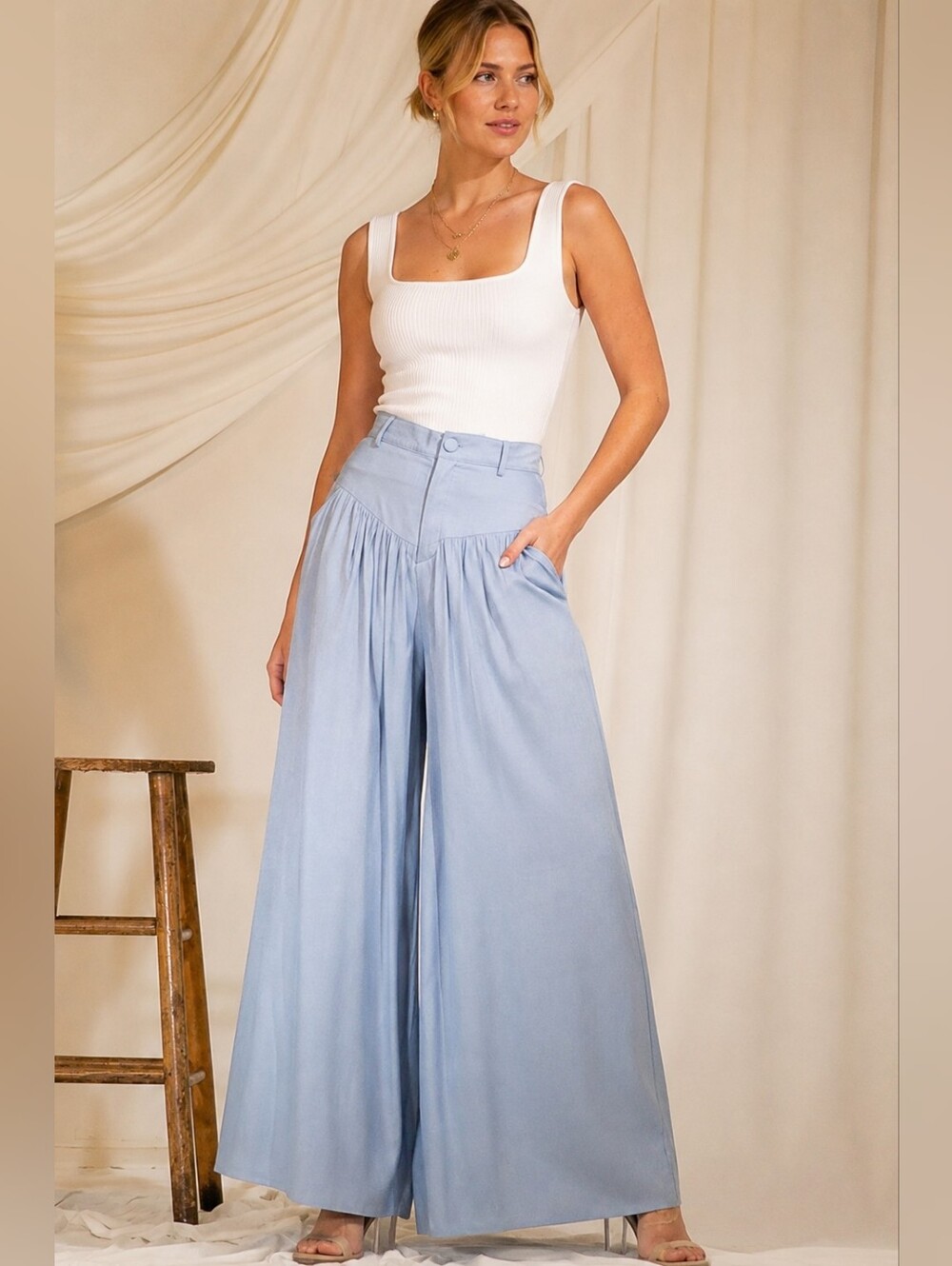 Mulla Baby Blue Sheen High Rise Wide Leg Palazzo Pants Size Small